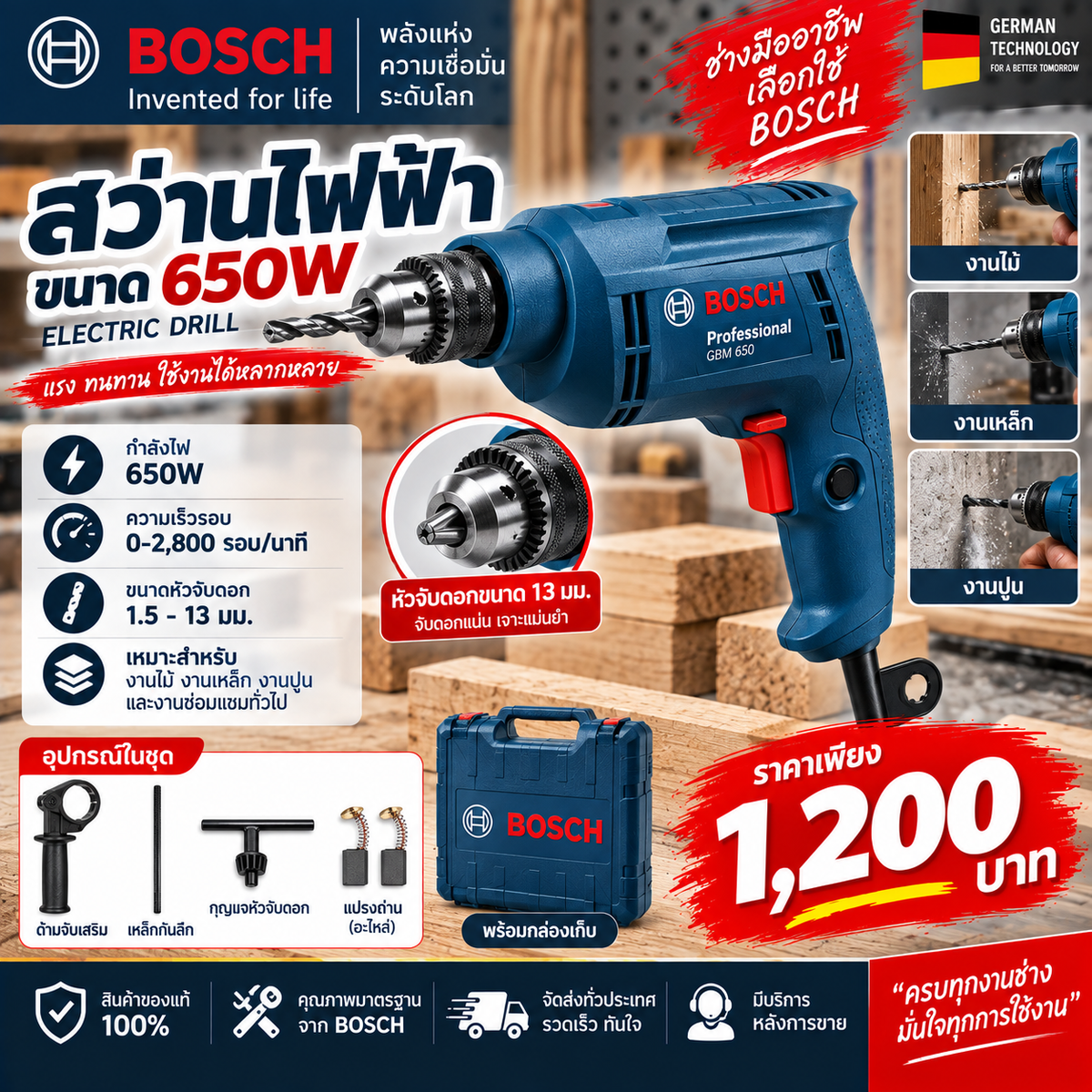 สว่านไฟฟ้าขนาด 650W ยี่ห้อ BOSCH